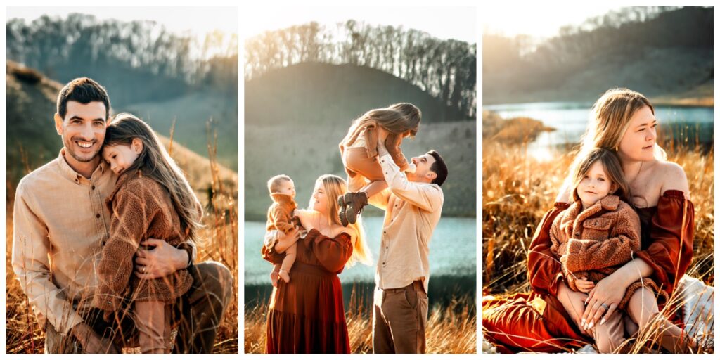 Three vertical images side by side.

Image 1: Michigan Family photographer captures daddy cuddles his giggling daughter, a heartwarming moment of love and connection.

Image 2: Michigan Family Photographer captures the family of 4 embracing each other, mom holding new baby and dad holding giggling daughter in the air above him.

Image 3: Michigan family photographer captures mom and young daughter relaxing on a blanket in a field, mom gazing peacefully while daughter smiles at the camera.

