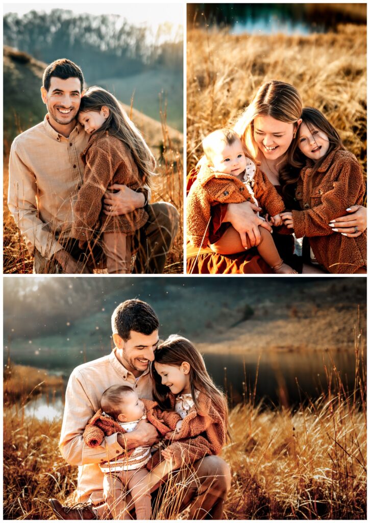 Two vertical images stacked on top of one horizontal image. 

First image: Michigan Family Photoshoot: Daddy cuddles his giggling daughter, a heartwarming moment of love and connection.

Second image: St. Joseph Michigan Family Photoshoot: Mom shares a laugh-filled embrace with her two daughters, pure joy radiates from their faces.

Third image: Michigan family photoshoot: A touch of magic - Dad kneels between his daughters, their eyes locked in a moment of pure love. Dreamy bokeh creates a shimmering golden backdrop.