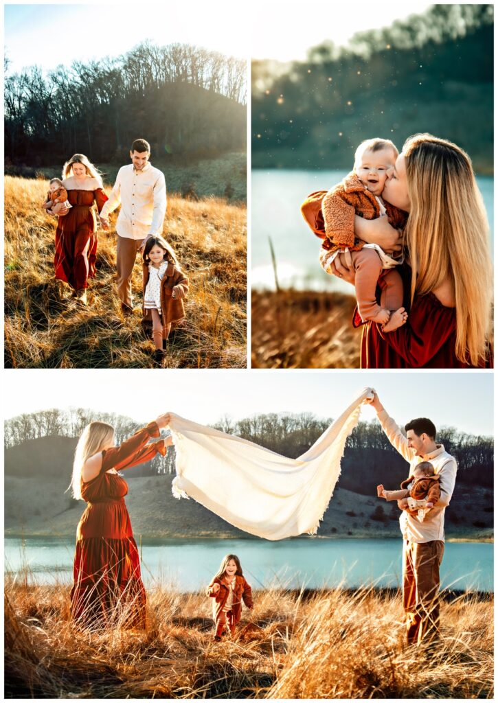 Two vertical images stacked on top of one horizontal image. 

First image: Michigan family photoshoot: A family adventure unfolds, daughter leads the way on a hand-holding walk through the grass.

Second image: Michigan family photoshoot: Mom showers her giggling baby with love and a kiss on the cheek.

Third image: Michigan family photoshoot: Laughter fills the air as parents playfully hold a blanket for their daughter to run under.