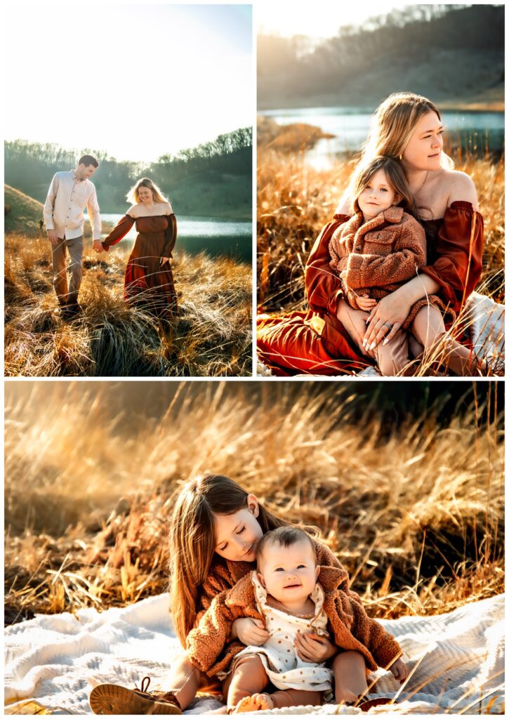 Two vertical images stacked on top of one horizontal image. 

First image: Michigan family photoshoot: Happy parents stroll hand-in-hand through a field of tall grass.

Second image: Michigan family photoshoot: Mom and young daughter relax on a blanket in a field, mom gazing peacefully while daughter smiles at the camera.

Third image: Michigan family photoshoot: Big sister lovingly cradling her baby sister in a field of tall grass.