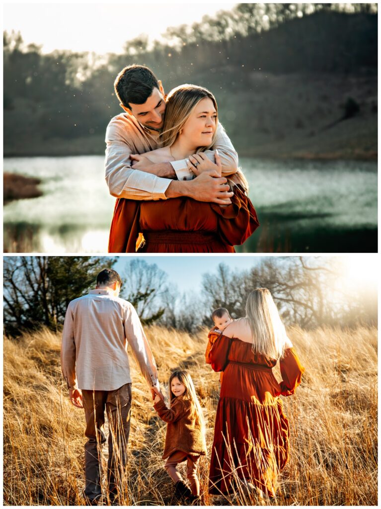 Two images stacked on one another. First image: Loving parents embracing on a scenic overlook. 

Second image: Family adventure in Michigan, parents hold hands with daughters on a walk through tall grass.