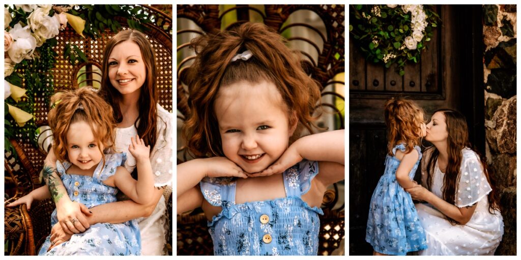 Three vertical images side by side.

Image 1: Michigan Family photographer captures mother and daughter for a timeless portrait in a floral decorated peacock chair.

Image 2: Michigan Family Photographer captures a young daughter showing off her big personality with a ever lasting portrait.

Image 3: Motherhood photoshoot moment: a beautiful portrait of a mother giving her young daughter a kiss. In the background is a cottage stone wall and wooden door with a green wreath.