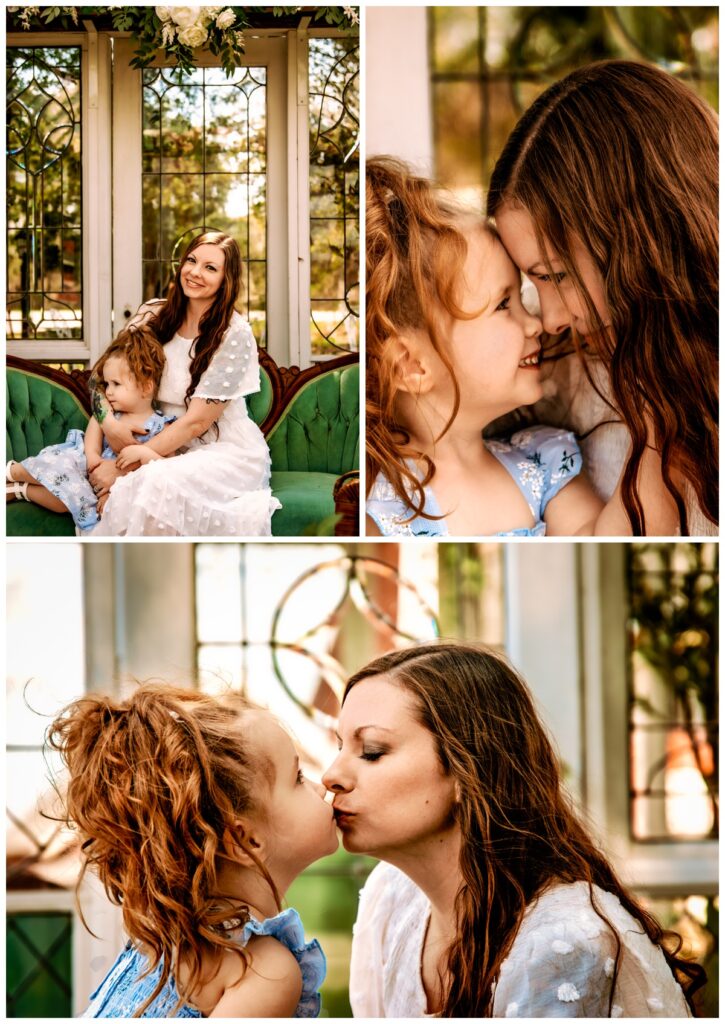 Three images: two vertical stacked side by side on top of a horizontal image

Image 1: Michigan Family photographer captures a glowing mother holding her daughter on the sofa of an antique sofa while her young daughter relaxingly looks into the distance

Image 2: Motherhood photoshoot capture: a beautiful close up portrait of mom and daughter forehead to forehead, looking into each others eyes with big smiles on their faces

Image 3: Motherhood photoshoot moment: a beautiful portrait of a mother giving her young daughter a kiss. In the background is an antique greenhouse with shimmering antique glass