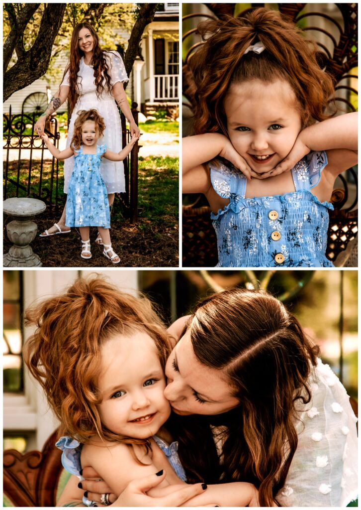 Three images: two vertical stacked side by side on top of a horizontal image

Image 1: Michigan Family photographer captures a glowing mother and daughter holding hands, both looking at the camera, giggling, in front of the Sharp Farm Home.

Image 2: Michigan Family Photographer captures a young daughter showing off her big personality with a ever lasting portrait

Image 3: Motherhood photoshoot moment: a beautiful portrait of a mother giving her young daughter a kiss on the cheek while daughter smiles into the camera. 
