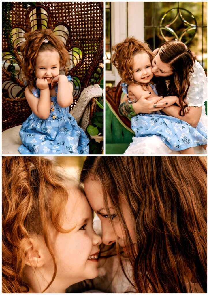 Three images: two vertical stacked side by side on top of a horizontal image

Image 1: Michigan Family Photographer captures a young daughter showing off her big personality with a ever lasting portrait 

Image 2: Motherhood photoshoot moment: a beautiful portrait of a mother giving her young daughter a kiss on the cheek while daughter smiles into the camera. 

Image 3: Motherhood photoshoot capture: a beautiful panned out portrait of mom and daughter forehead to forehead, looking into each others eyes with big smiles on their faces