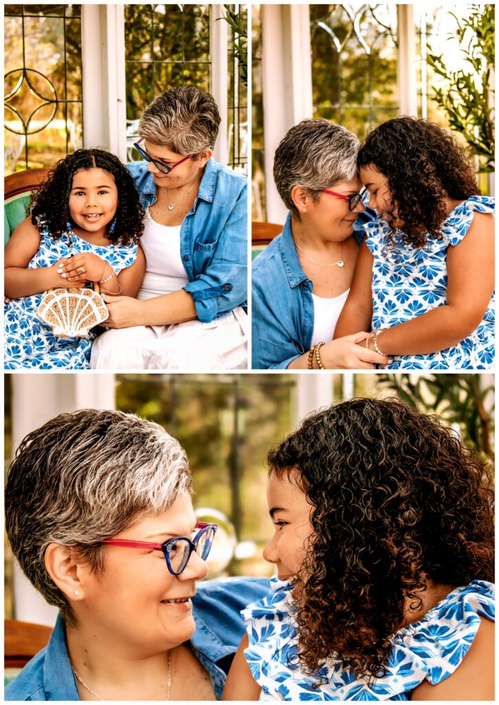 Image shows three side by side images of mom and daughter embracing each other during their Mother's Day family session. 