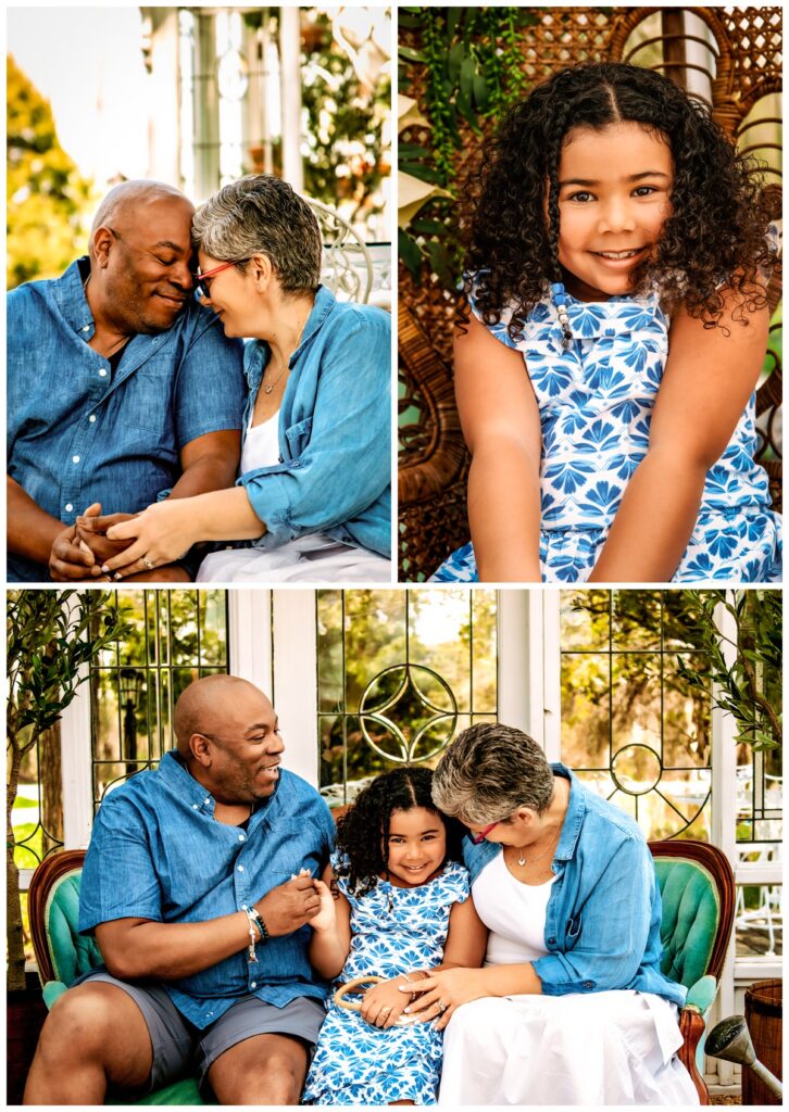 Photographer captures three images of mom, dad, and daughter embracing each other during their Mother's Day family session. 