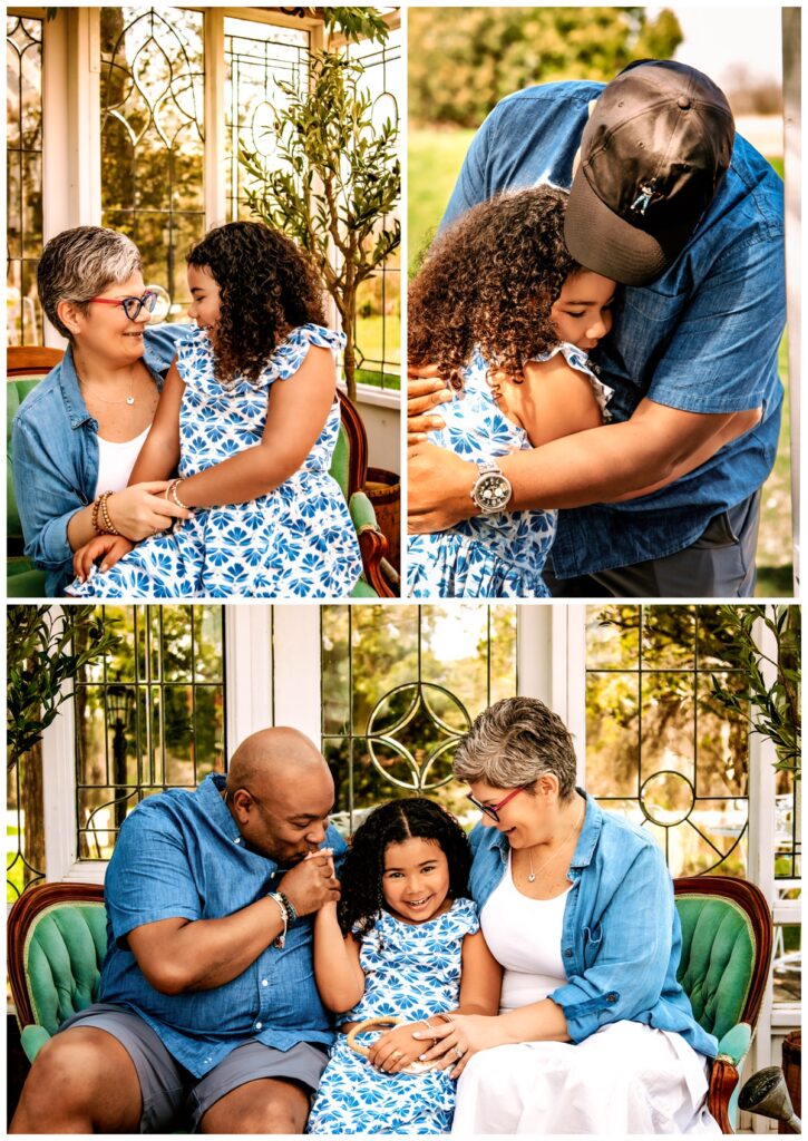 Image shows three side by side images of mom and daughter embracing each other during their Mother's Day session.