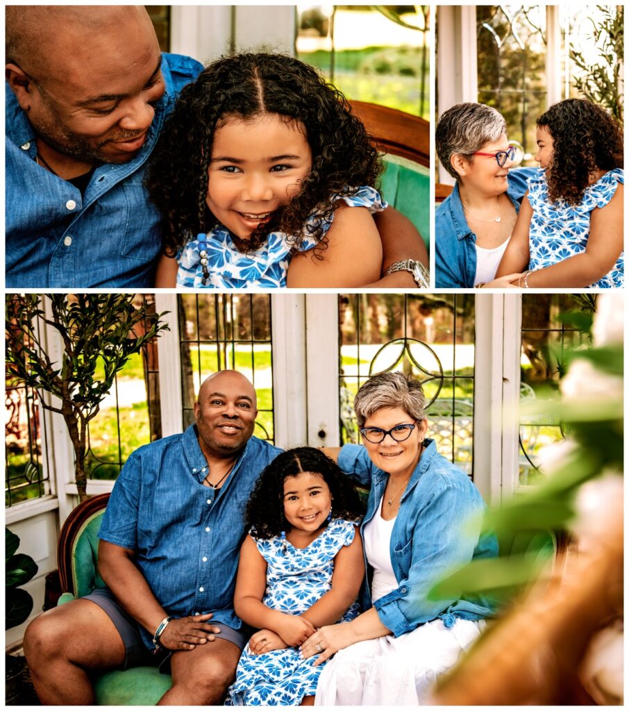 Heartfelt moments between mom, dad, and daughter are captured during a memorable Mother's Day in an antique greenhouse.