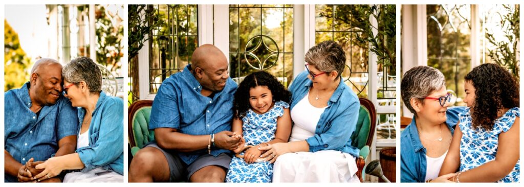 Image shows three side by side images of dad, mom, and daughter embracing each other during their Mother's Day photoshoot. 