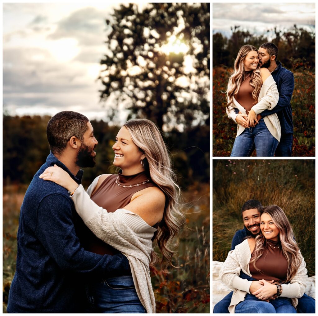 Romantic couple’s fall photoshoot in Michigan’s golden autumn light.