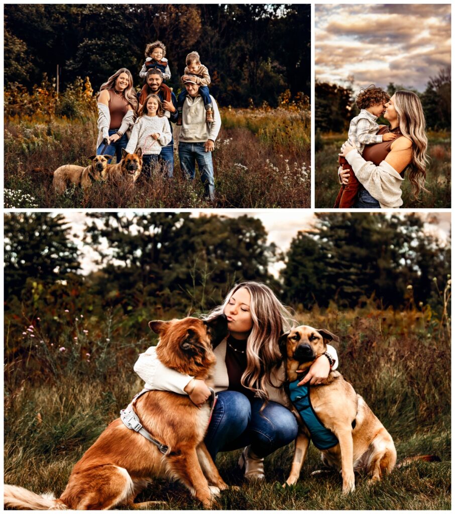 Family with dogs during a fall photoshoot, surrounded by colorful foliage