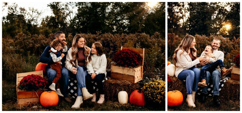 Fall family portrait with fall foliage in the background.