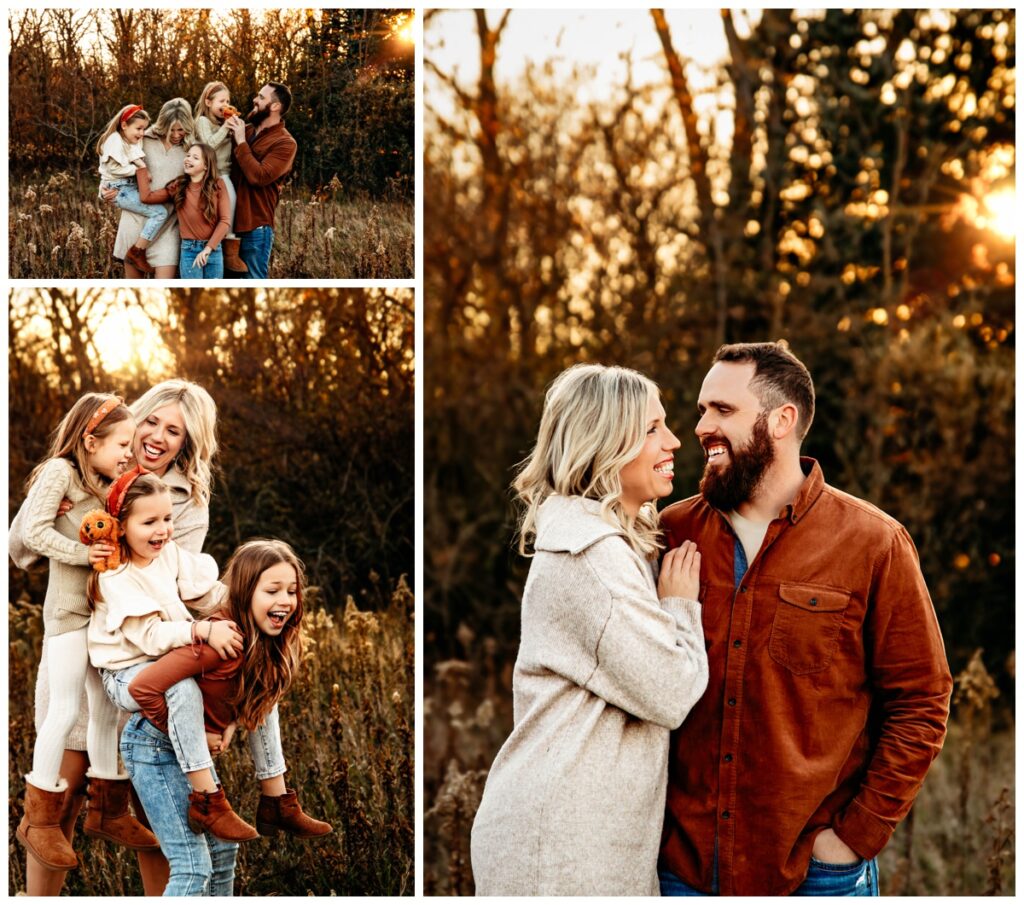 Family with young children enjoying a fall photoshoot in a Michigan park.