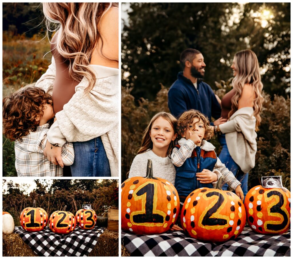 Pregnancy announcement photoshoot in autumn, with autumn hues in the background