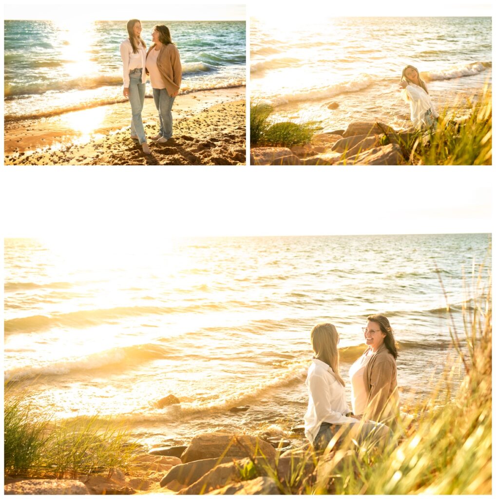 Beach photoshoot: Mom and daughter enjoying the golden glow and water of the coast 