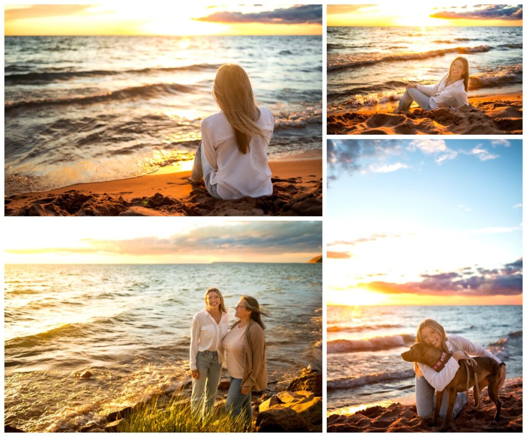 Beach photoshoot: Mom and daughter enjoying the sun and water of the coast with their pup! 