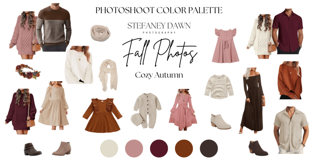 Fall photoshoot outfit ideas for a cozy autumn color palette.