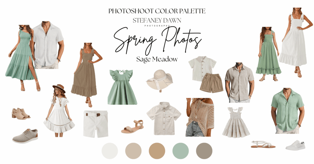 Soft, neutral green and creamy white spring photoshoot outfit color palette – Sage Meadow.