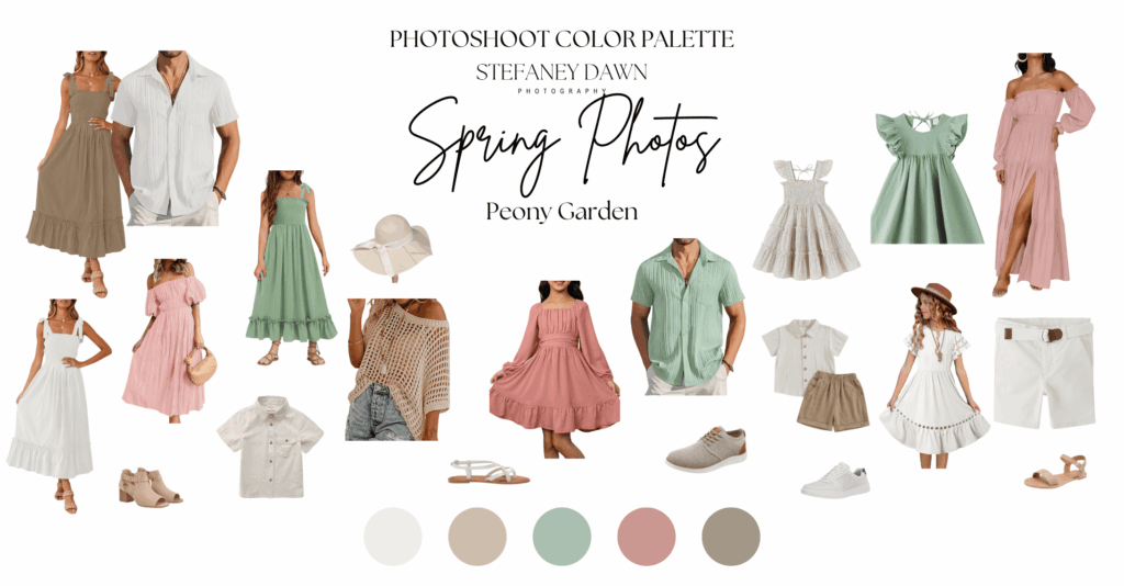 Peony Garden color palette featuring pink and green spring photoshoot outfits – soft and natural hues for family and maternity sessions.