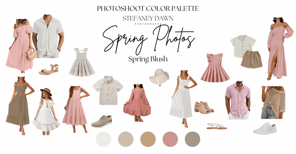 Neutral and pastel pink spring photoshoot color palette featuring coordinated clothing pieces for women, men, kids, and babies – perfect for creating soft and romantic looks.