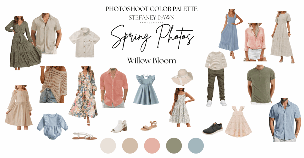 Willow Bloom color palette featuring earthy greens and neutral tones for a natural and fresh spring photoshoot look.