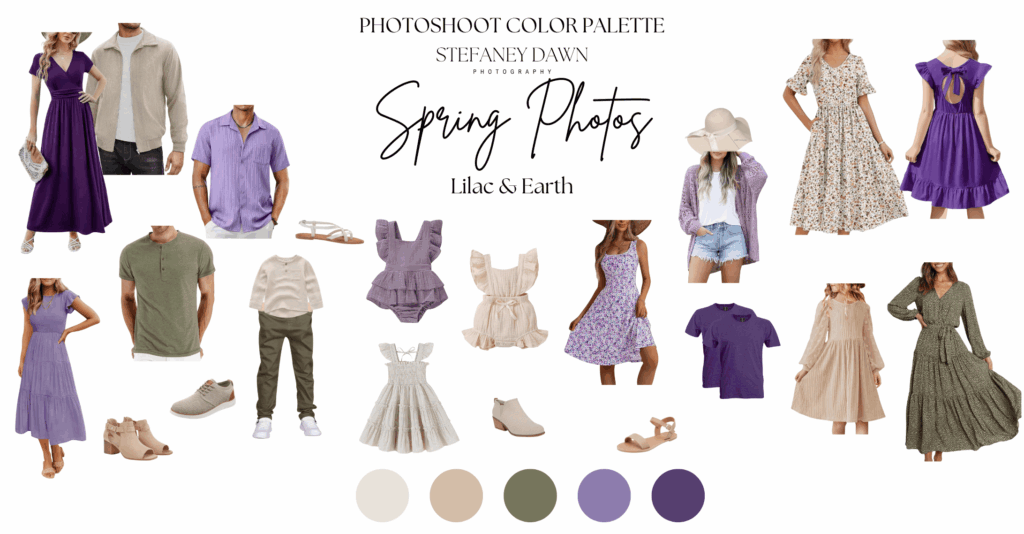 Spring photoshoot color palette titled 'Lilac & Earth' featuring a variety of coordinating outfit options in soft lilac, earthy green, cream, and deep purple tones for women, men, and children.
