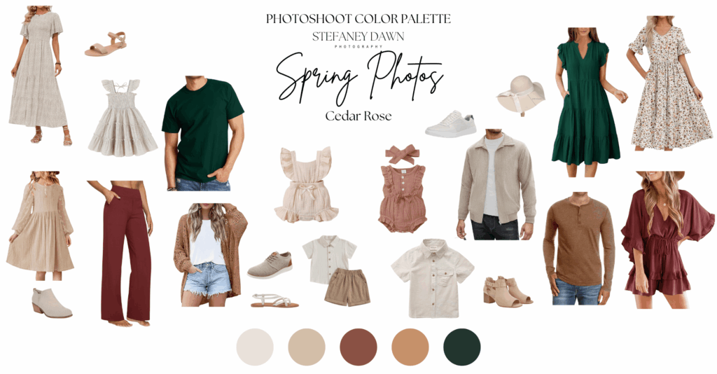 Cedar Rose color palette featuring soft earthy greens, warm neutrals, and rich rosy tones, perfect for natural springtime photoshoot outfits.