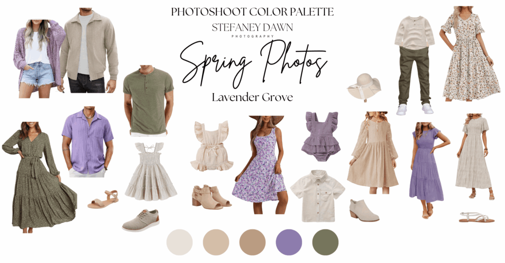 Color palette graphic for Lavender Grove featuring soft lavender, muted sage green, creamy white, and warm taupe tones — perfect for coordinating spring photoshoot outfits with a gentle, earthy aesthetic.
