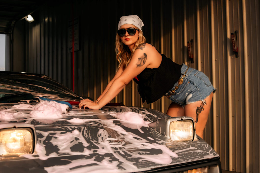 Black front-tied halter and sunglasses outfit during birthday car wash shoot by Metro-Detroit photographer