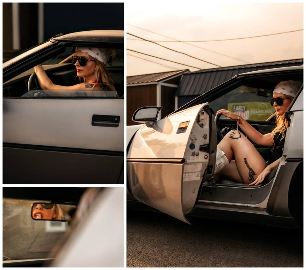 Classic car birthday photoshoot with western boots and retro energy captured by Metro Detroit Michigan Photographer