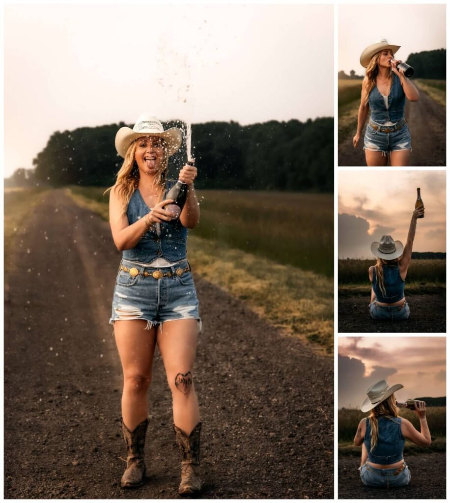 Champagne pop celebration photo from styled cowgirl birthday shoot in Metro Detroit Michigan
