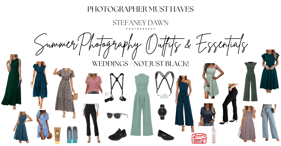Flatlay collage of summer wedding outfits and gear for photographers, featuring breathable dresses, jumpsuits, tops, pants, shoes, camera harnesses, and survival items like sunscreen, fans, and water bottles. Title reads: “Summer Photography Outfits & Essentials – Weddings: Not Just Black!”